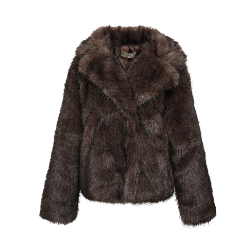 Faux Fur Jas Met Kraag Khaki 